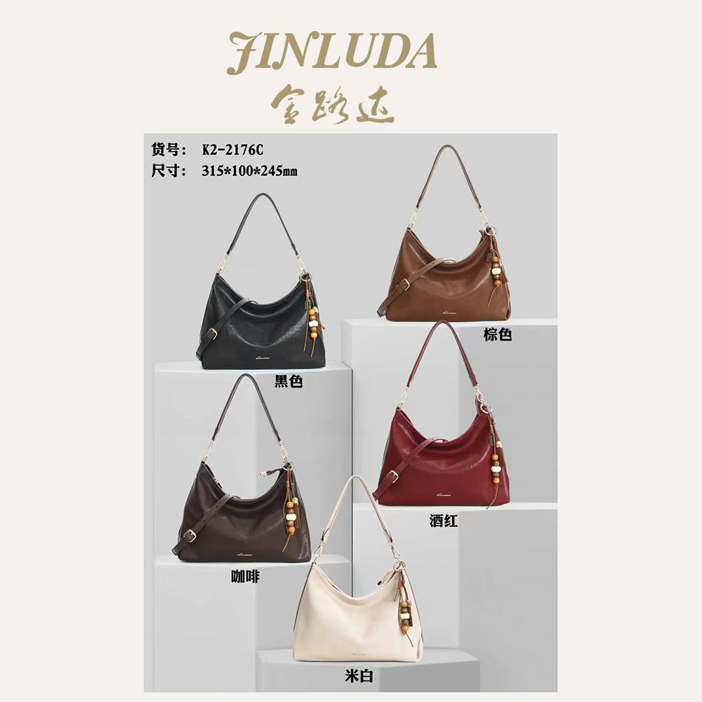 Women's Bags Genuine Leather Large Hobo Bag — Soft Underarm with Wood Bead Charm